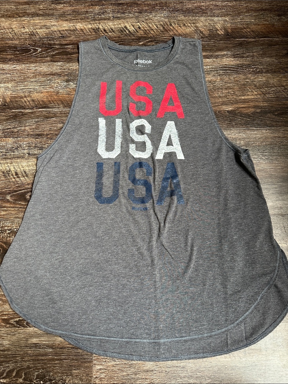 Reebok Gray Sleeveless Tank with Red, White & Navy USA Graphic